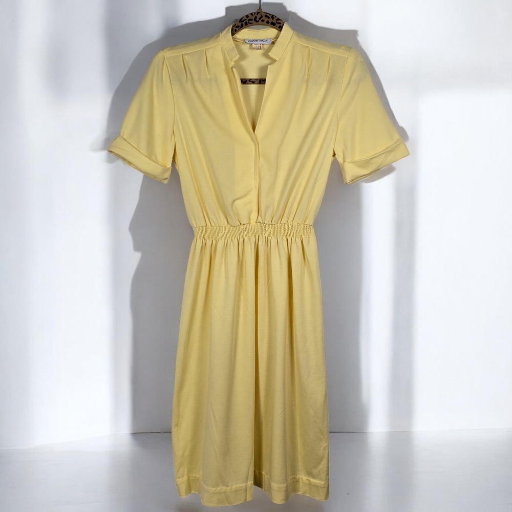 Vintage Yellow Button Front Midi Dress Short‎ Sleeve Elastic Waist Women Medium?